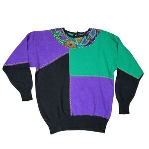 Vintage I.B. Diffusion Womens Retro Color Block Beaded Sequined Sweater Large